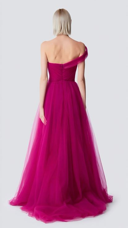 Robe de soirée en tulle à fleurs fuchsia